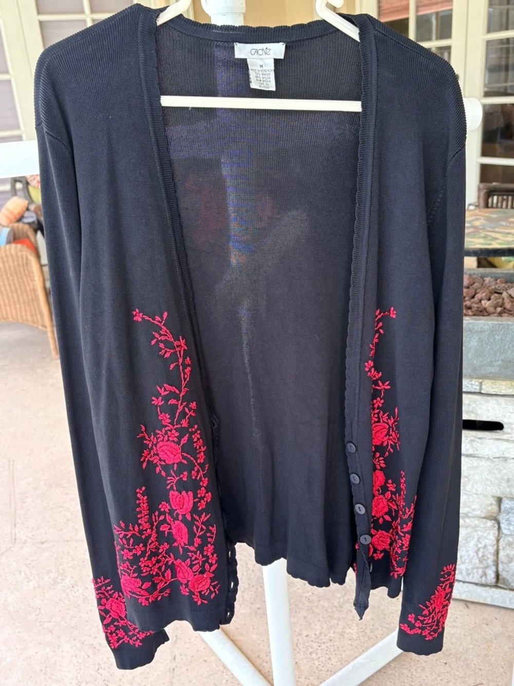 Cache Black Cardigan with Red Floral Embroidery